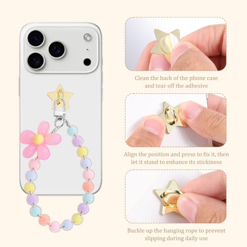 12Pcs Phone Charm Hook | Adhesive Metal Heart Star Moon Finger Rings Holder | Cute Kindle Charms Chain Loop Grip | Heavy Duty Tablet iPad Accessories for DIY Cell Phone Case Backpack Supplies