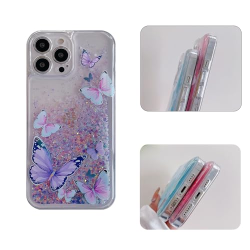 Compatible with iPhone 13 Glitter Butterfly Case Glow in The Dark Women Girls Girly Bling Sparkle Flowing Quicksand Light up Case Soft TPU Bumper Luminous Clear Phone Cover, Purple - color: Purple, size: iPhone 13