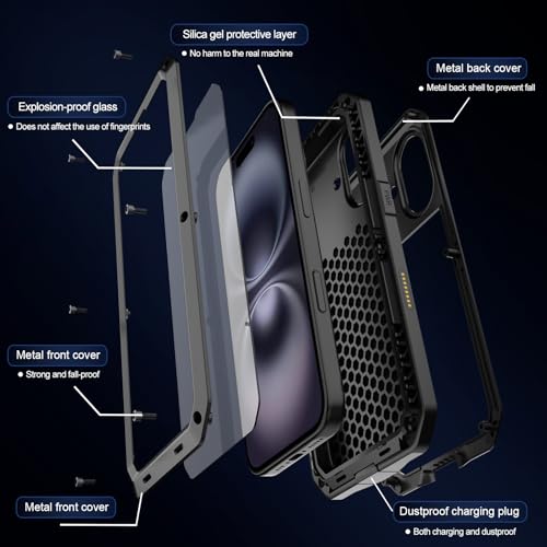 for iPhone 16 Metal Case 6.1",Heavy Duty Shockproof Aluminum Alloy Tough Armour Military Grade Phone Case,360 Full Body Protective Cover with Silicone Built-in Screen Protector - Black - color: Black