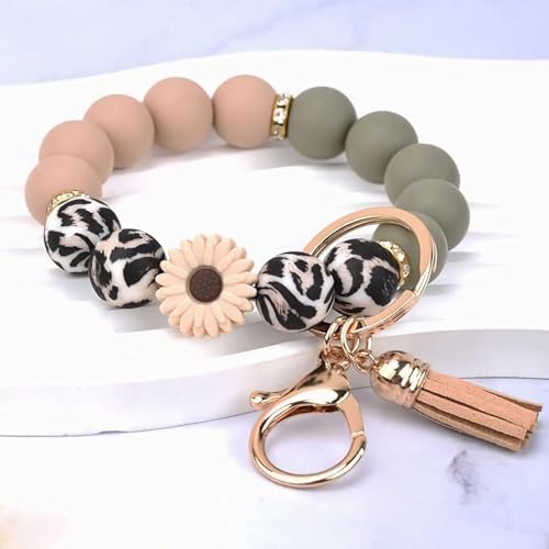 Silicone Beaded Phone Wrist Strap, Phone Wristlet Strap with Tether Tab, Elastic Hands-Free Daisy Wristlet Bracelet(Leopard) - color: Daisy Leopard
