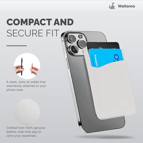 Wallaroo Premium Leather Cell Phone Wallet Stick On - Android and iPhone Wallet and Card Holder for Women and Men - Durable with Non-Slip Lining Secures Up to 3 Cards - color: White Leather