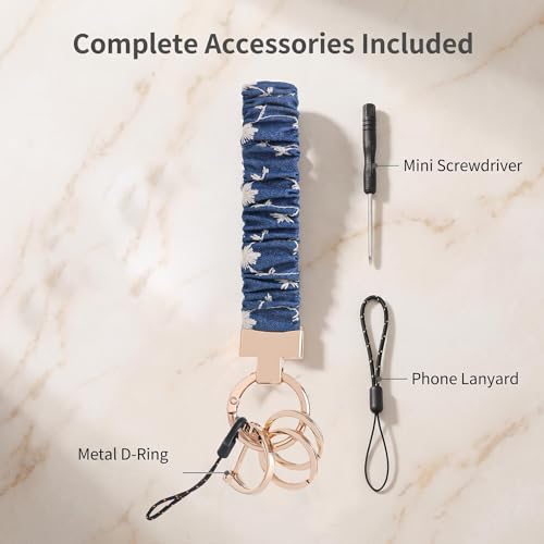 Blue Floral Scrunchie Wristlet Keychain– Tarnish-Resistant Key Ring - color: Denim Daisy Wrist Keychain