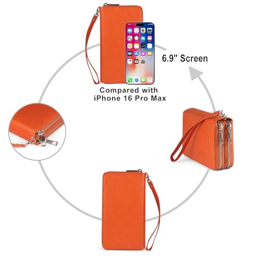 RFID Blocking Cellphone Wallet for Women Dual Zipper Wristlet Large Capacity 17 Card Slots Ladies Travel Clutch Purse with Removable Strap, Orange - color: Orange