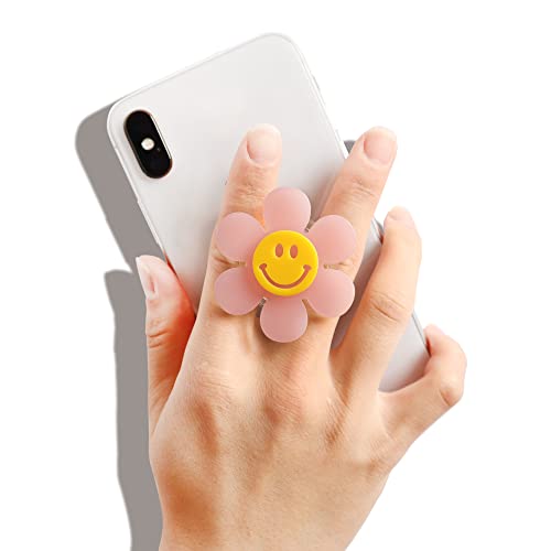 On The Grip Cheerful Smiley Flower Phone Grip - Bright, Expandable, Collapsible - Comfortable Touch, Secure Grip (Pink) - color: Pink