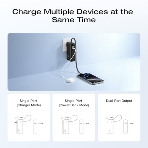 EF ECOFLOW Rapid 3-in-1 Portable Charger, 10,000mAh Power Bank with Built-in USB-C Cable and Foldable Wall Plug, 30W Max Battery Pack, Travel Essentials for iPhone 17/16/15 Series, Galaxy, MacBook