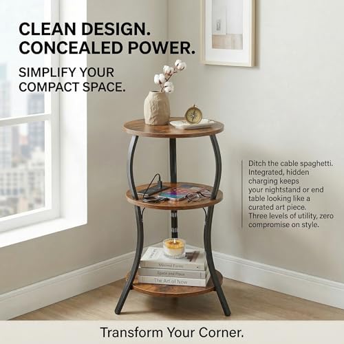 YEAKOO Small Side Table with Charging Station,3-Tier Round end Table - color: Rustic Brown, style: USB Charger