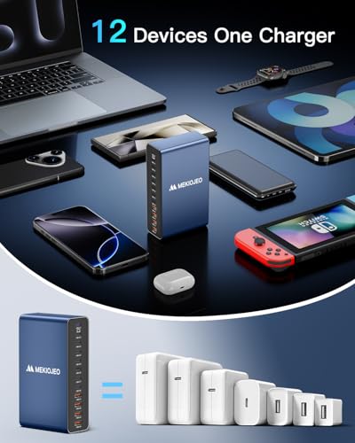 MEKIOJEO 12 Ports Aluminum Alloy 380W Charging Station USB C Charger Block - color: Blue