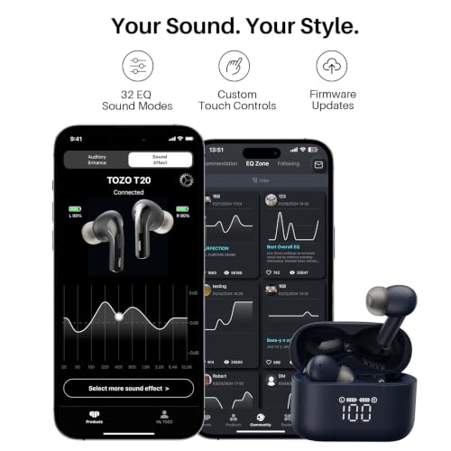 TOZO T20 Wireless Earbuds 97H Playtime, Wireless Charging LED Display Case - color: Blue