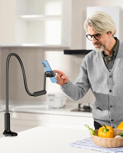 SAIJI Gooseneck Holder for Bed, 360° Rotate Support Rod One-Hand Adjustable Cell Phone Stand, Compatible with All 4.7-7" Devices (Black) - color: Black