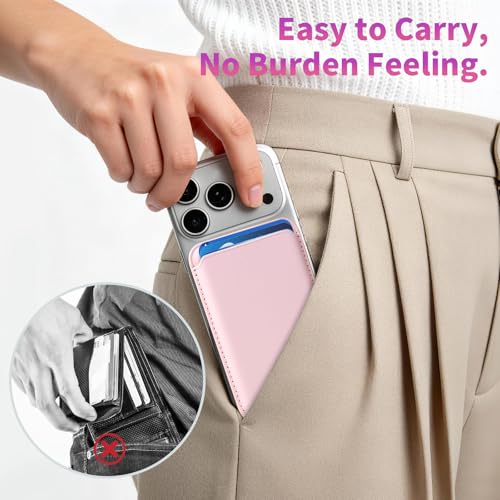 Magnetic Wallet Cell Phone Card Holder for Phone Case with Mag-Safe | Stronger Magnetic RFID Leather Phone Wallet Stick on Series of iPhone 17/16/15/14/13/12 and Pro/Promax, Blush Pink - color: Blush Pink, size: 1 Pack