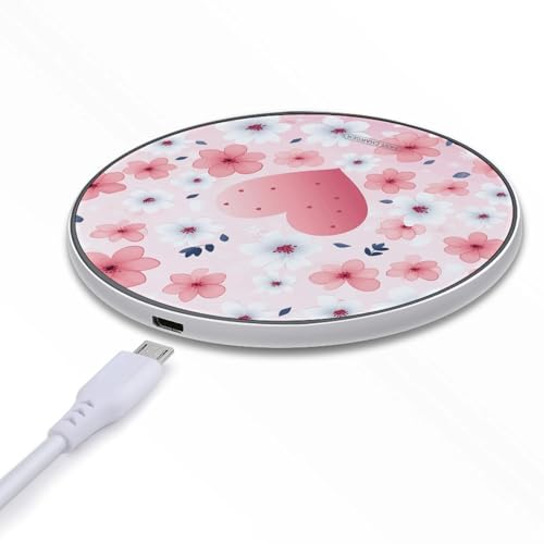 Pink Flower and Hearts Wireless Charger Portable Fast Charging Pad Lightweight Wireless Charging Pad 10W Slim Charging Station for Phone Charger Mat for Travel Home Office Desk