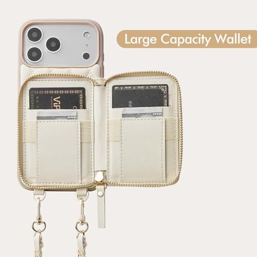 LAMEEKU for iPhone 17 Pro Wallet Case with Card Holder,Crossbody Phone Cover Quilted Leather Zipper Purse 6.3" Beige - color: Beige, size: iPhone 17 Pro 6.3''