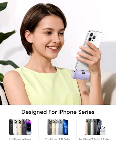 Kuulaa Portable Charger with Built-in Lightning Cable 5000mAh Small iPhone Fast Charging Mini Portable Phone Charger for iPhone 14/13/13 Pro/12/12 Pro/11/XR/XS/X/8/7/6, Purple - color: Purple