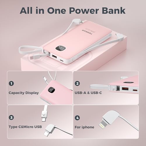 TESSAN Portable Charger with Built in Cables, 10000mAh Power Bank Wall Plug - color: Pink