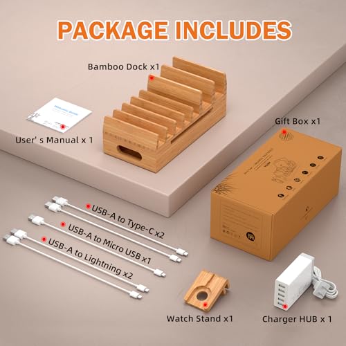 Bamboo Charging Station with 5 Port Charger HUB & 5 Cables-Natural Bamboo - color: Natural Bamboo