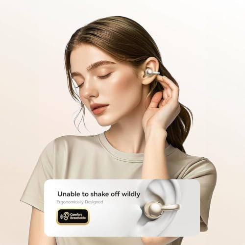 Clip on Earbuds for Small Ears & Glasses, Open Ear Bluetooth 5.4 Headphones with 40H Playtime & Digital Display, Sweatproof - color: Beige