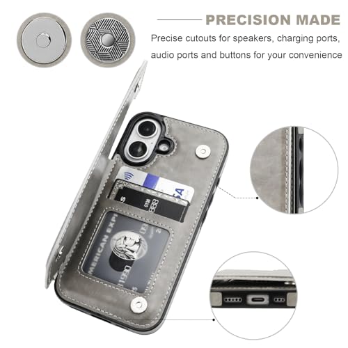 ONETOP for iPhone 16 Wallet Case with Credit Card Holder,Gray | Kickstand,ID/Cash Holder,Case Wallet with Card Slots,Double Magnetic Clasp,Durable PU Leather Shockproof Cover for Women Men - color: Gray