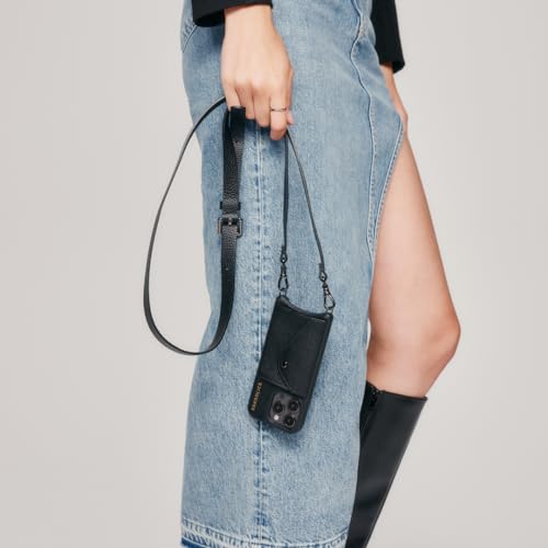 Bandolier Hailey Leather Crossbody Phone Case iPhone 15 Pro - Black/Pwt | Crossbody leather phone case. Built-in wallet w/ snap-closure. Adjustable & removable leather strap. Phone drop protection. - color: Black/Pewter, size: iPhone 15 Pro