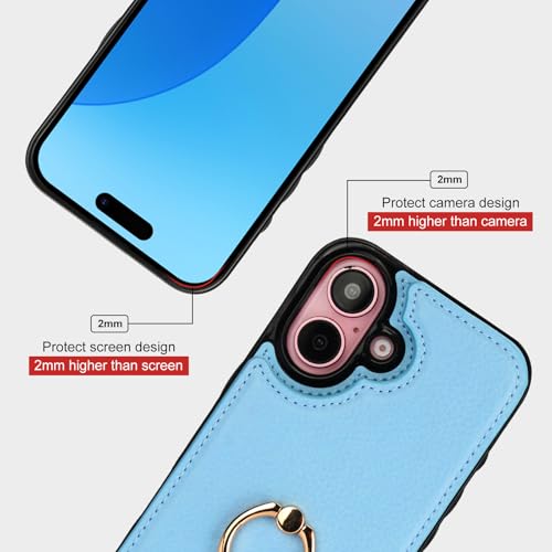 Folosu Compatible with iPhone 16 Case Wallet with Card Holder, 360°Rotation Finger Ring Holder Kickstand, RFID Blocking Leather Protective Double Buttons Shockproof Cover 6.1 Inch Blue - color: Blue