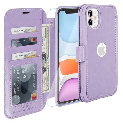 VANAVAGY Wallet Case for iPhone 11 6.1 inch, Clove Purple | 12ft Drop-proof Cover for Women Men, Silm PU Leather, RFID Blocking Card Holder, Wrist Strap, Screen Protector - color: Clove Purple