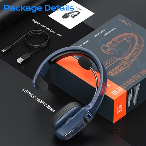 LEVN Bluetooth Headset with Microphone, Trucker Bluetooth Headset with AI Noise Cancelling & Mute Button, Wireless On-Ear Headphones 60 Hrs Working Time, for Trucker Home Office Remote Work Zoom - color: Blue