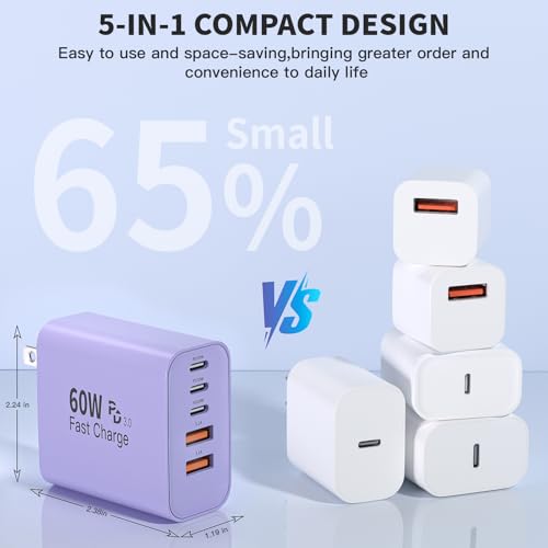 3Pack 60W USB C Fast Charging Block,Apple 60W 5Port USBC Wall Charger Block - color: Purple
