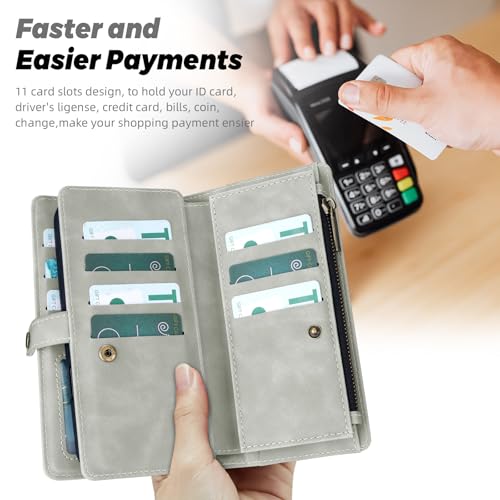 TwoHead for iPhone 11 Wallet case with 11 Card Holder (Gray) | Detachable Magnetic Phone Case, PU Leather Wallet for Women/Men,Wireless Charging Compatible,with Wrist Strap - color: Gray