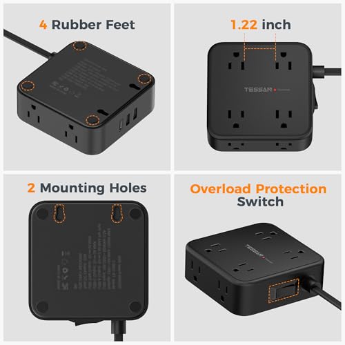 TESSAN Surge Protector Power Strip with 900J Surge Protection, 10 Ft, Black - color: Black with 1 USB C, size: 10 feet