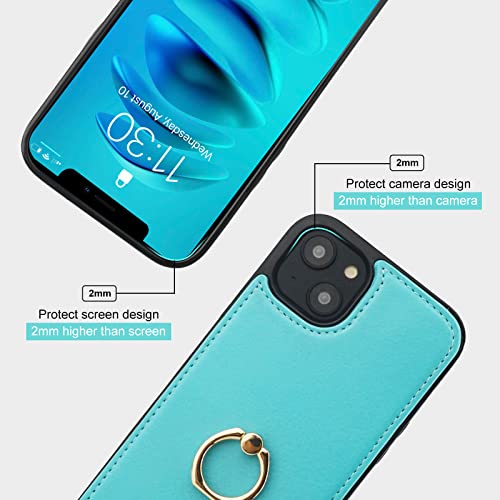 Folosu Compatible with iPhone 14 Plus Case Wallet with Card Holder, 360°Rotation Finger Ring Holder Kickstand, RFID Blocking Leather Protective Double Buttons Shockproof Cover 6.7 Inch Green - color: Mint Green, size: iPhone 14 Plus