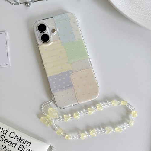 for iPhone 16 Case, Pastel Patchwork Phone Cover with Crystal Heart Beaded Strap & Bow Charm, Cute Kawaii Clear Protective Case for Women Girls(Lanyard+Phone case, iphone16) - size: iphone16