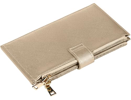 Travelambo RFID Wallet Women Large Size Bifold Multi Card Wallet Case with Zipper Pocke Credit Card Holder for Women - color: Gold Champagne 3310F