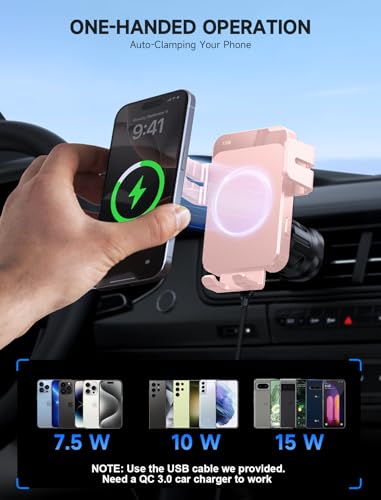 Wireless Car Charger 15W Auto Clamping Phone Holder Dash Windshield Vent - color: Pink