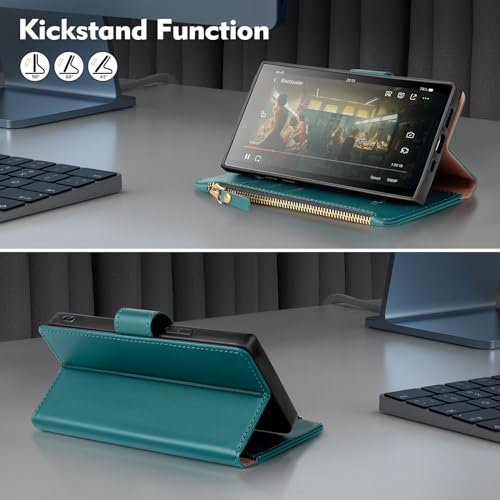 Shieldtop Compatible with Samsung Galaxy S23 Ultra 5G Wallet Case with Card Holder,Women Men RFID Blocking PU Leather Phone Case Flip Protective Cover Wrist Strap Zipper Credit Card Slots,Blue Green - color: Blue Green, size: Galaxy S23 Ultra - 6.8"