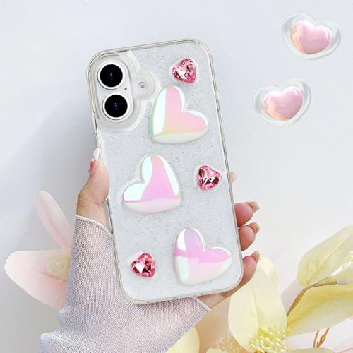 Compatible with iPhone 16 Plus Bling Case Laser Colour 3D Crystal Love Heart Pearl Diamond Glitter Clear Case Cute Girly Women Slim Soft TPU Transparent Phone Cover