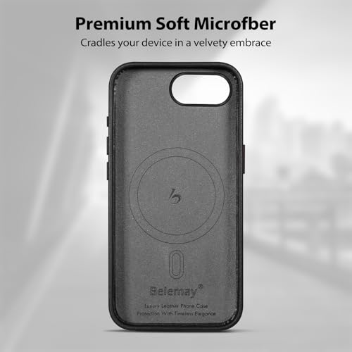 Belemay Handcrafted Full-Grain Vegetable-Tanned Leather Case for iPhone 17e / iPhone 16e, Compatible with MagSafe, Two-Tone Effect, Natural Patina, Metal Buttons Luxury Cover (6.1"), Black - color: Black
