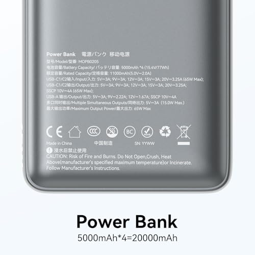 MOKiN 65W Portable Charger, 20000mAh Fast Charging Power Bank with Built-in USB-C Cable, Smart Display Battery Pack, Pocket Charger for iPhone 17-12, Samsung, iPad, Laptop, MacBook & More - color: Grey-2