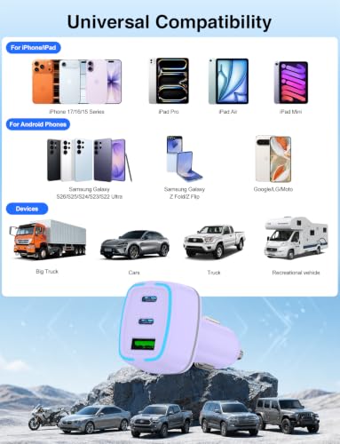 75W USB C Car Charger, 3-Port Super Fast Charging Cigarette Lighte - color: Purple