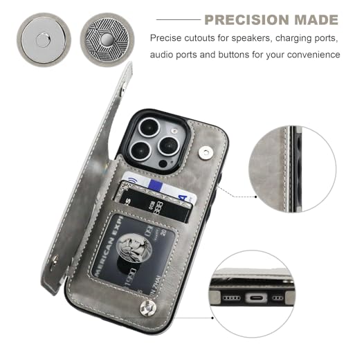 ONETOP for iPhone 16 Pro Wallet Case with Credit Card Holder,Gray | Kickstand,ID/Cash Holder,Case Wallet with Card Slots,Double Magnetic Clasp,Durable PU Leather Shockproof Cover for Women Men - color: Gray