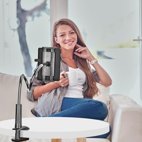 Cell Phone & Tablet 2 in 1 Clip Stand Holder with Flexible Long Arm Gooseneck Bracket Mount Clamp for iPad,iPhone,Switch, Kindle Fire, 4.7''-10.5'' Devices, for Bedroom,Office,Desktop,Kitchen (Black)