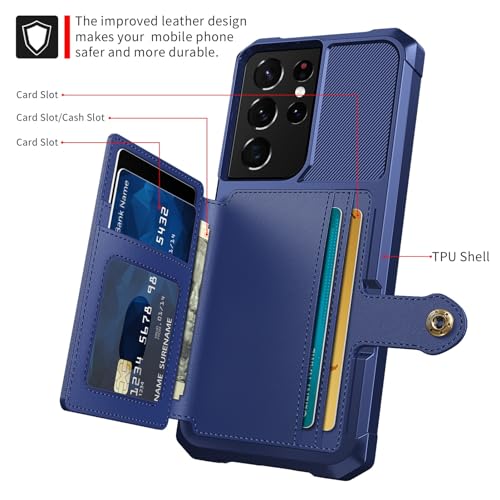 Wallet Case for Samsung Galaxy S21 Ultra, Compatible with Magnetic Car Mount, Heavy Duty Shockproof Rugged Soft TPU Back Leather Flip Credit Card Holder Cover 6.8 inch, Blue | Compatible with Magnetic Car Mount, Shockproof Rugged Soft TPU Hard Back Leathe
