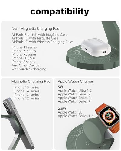 3 in 1 Charging Station for Apple Devices, Mag-Safe Charger Stand Fast Charging, Wireless Charger for iPhone 16/15/14/13/12 Series, & AirPods, & iWatch (USB-C Charger Included) - color: Green