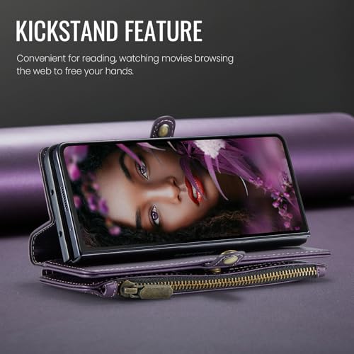 Defencase for Samsung Galaxy Z Fold 6 Wallet Case with Card Holder, Purple | Durable Soft PU Leather, RFID Blcking Zipper Pocket, with S-Pen Holder & Strap, Flip Phone Cases with Stand for Women Men - color: Aesthetic Purple