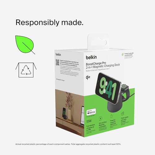 Belkin Qi2 15W Wireless Charging Dock, 2 in 1 Fast iPhone Charger - color: Black, style: Latest Gen