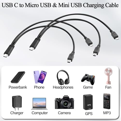QIANRENON USB C to Micro USB & Mini USB 1 in 2 Charging Short Cable, 5V 3A, 30cm/11.8in, 2Pcs
