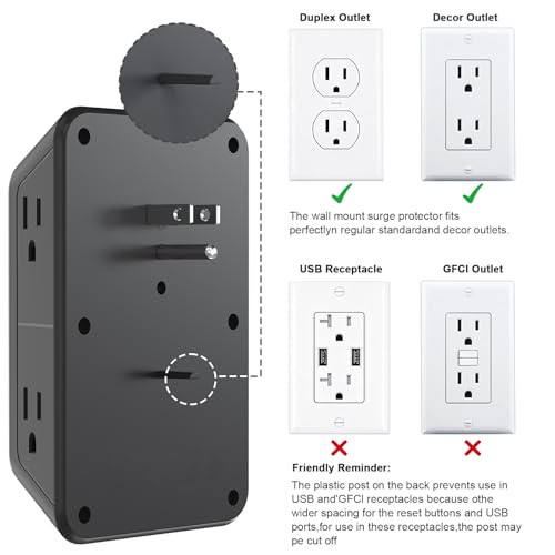JcBlaon 3 Pack Outlet Extender Surge Protector, 6 Outlet Splitter with 4 USB Ports (2 USB C),1050J 3-Sided Multi Plug Wall Outlet, USB Wall Charger for Home Office Kitchen Travel(Black)-ETL - color: Black 3PCS