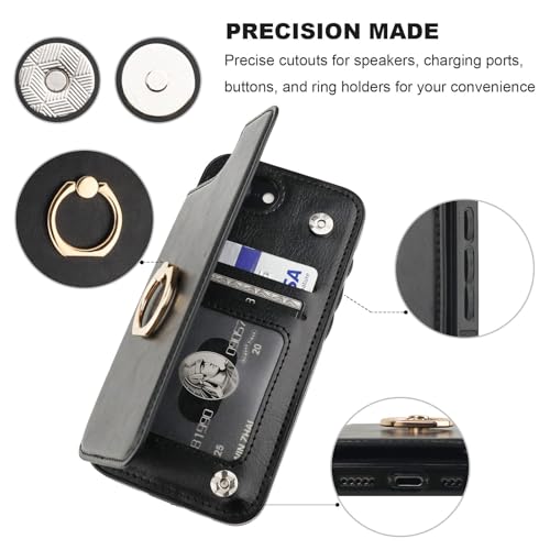 ONETOP for iPhone 17e/16e Wallet Case with Credit Card Holder,Black | 360° Rotation Ring Kickstand,Finger Grip,Double Magnetic Clasp,RFID Blocking PU Leather Shockproof Cover for Women Men - color: Black