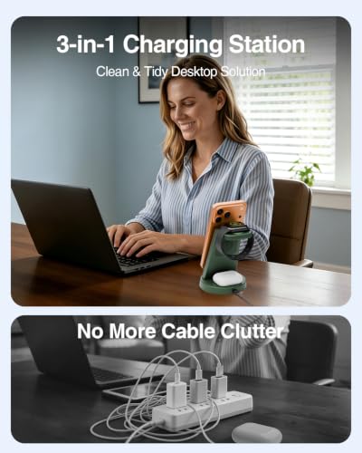 25W MagSafe Charging Station, 3-in-1 Magnetic Wireless Charger for Apple - color: Forest Green