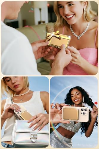 Meifigno Strong Magnetic Phone Wallet with Mirror & Kickstand, Magnetic Phone Card Holder (3-4 Cards & Cash) Compatible with iPhone 17/16/15/14/13/12 Series, Metal Plating Glossy, Desert Titanium - color: Desert Titanium