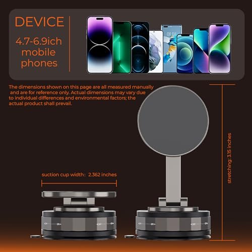 Magnetic Phone Holder for Car 2.01 Inch, Super Strong Vacuum Suction Cup, 360° Rotation Magsafe Car Mount for Dashboard Windshield, Foldable Aluminum Car Accessories for iPhone Samsung
