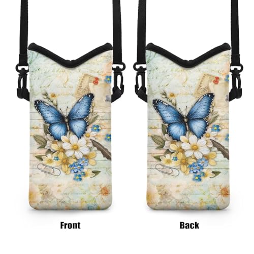 Small Phone Bag Water-Resistant Crossbody Pouch with Adjustable Strap Mini Cell Phone Case Satchel Fits Most Phones for Men Women, 8 x 4 Inch, Blue Butterfly Flower Letter Print Retro Style - color: Blue Butterfly Flower Letter Print